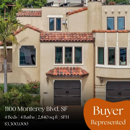 1100 Monterey Blvd, San Francisco. 4 beds, 4 baths, 2,840 sq ft single-family home. Sold for $3,300,000, buyer represented.