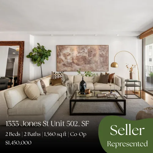 1333 Jones St Unit 502, San Francisco. 2 beds, 2 baths, 1,560 sq ft co-op. Sold for $1,450,000, seller represented.