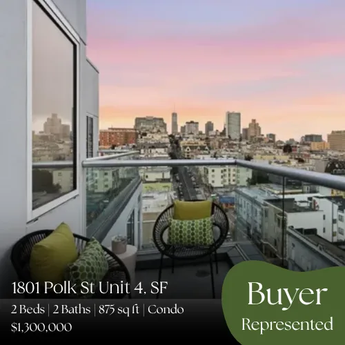 1801 Polk St Unit 4, San Francisco. 2 beds, 2 baths, 875 sq ft condo. In contract at $1,300,000, buyer represented.
