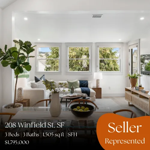 208 Winfield St, San Francisco. 3 beds, 3 baths, 1,505 sq ft single-family home. In contract at $1,795,000, seller represented.