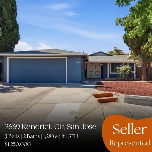 2669 Kendrick Cir, San Jose. 3 beds, 2 baths, 1,288 sq ft single-family home. Coming soon at $1,250,000, seller represented.