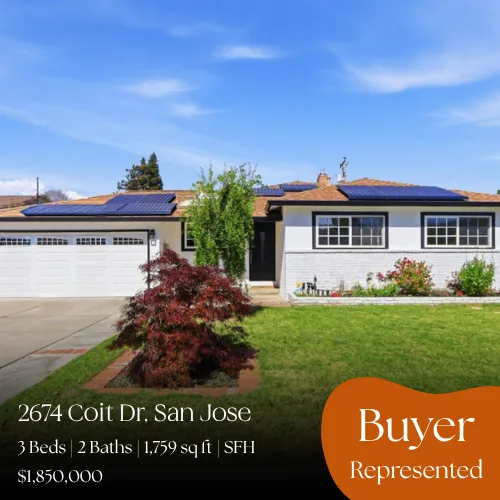 2674 Coit Dr, San Jose. 3 beds, 2 baths, 1,759 sq ft single-family home. Sold for $1,850,000, buyer represented.