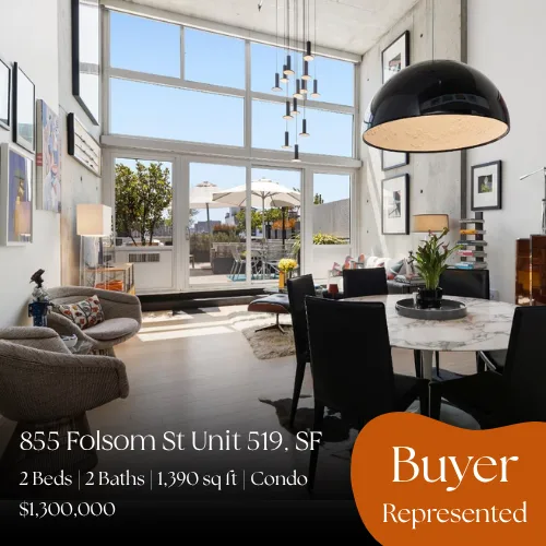 855 Folsom St Unit 519, San Francisco. 2 beds, 2 baths, 1,390 sq ft condo. Sold for $1,300,000, buyer represented.
